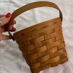 Henn Workshops Woven Wooden Basket w/Handle Hand Crafted Vintage 1998